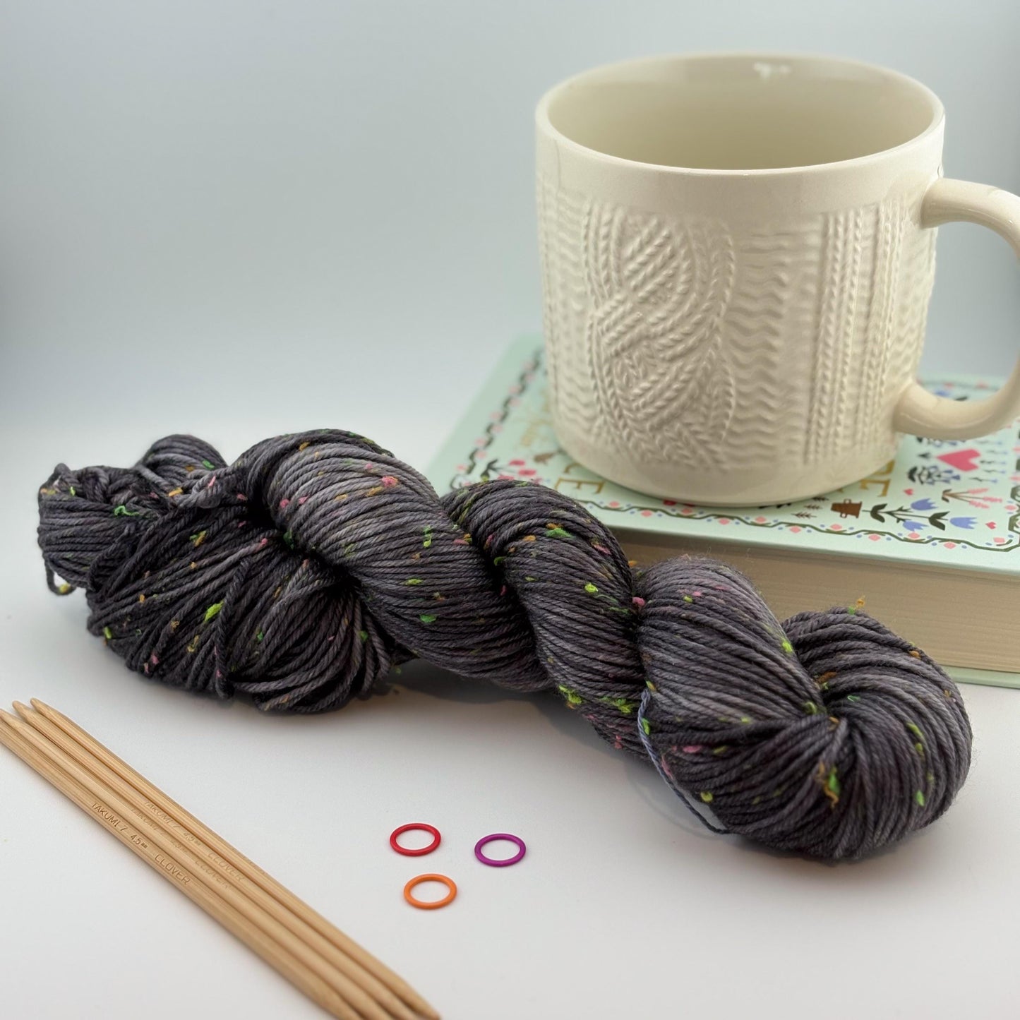 Hand Dyed Yarn, DK Weight, Superwash Merino and Neon Donegal Nep in Black Light