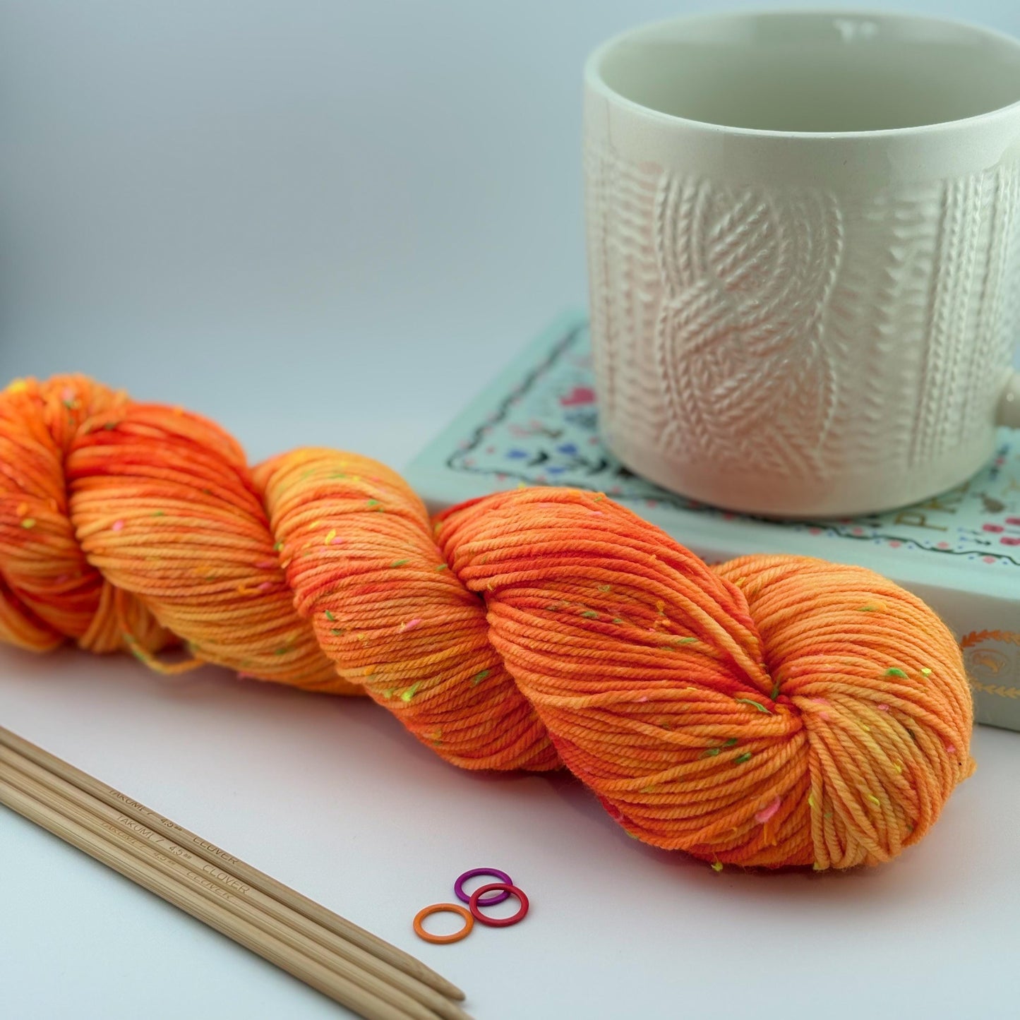 Hand Dyed Yarn, DK Weight, Superwash Merino and Neon Donegal Nep in Safety Orange