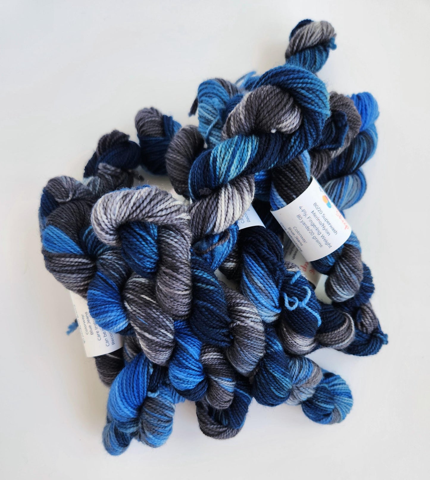 Hand Dyed Yarn, Mini Skein, Fingering Weight, Superwash Merino and Nylon, in Blue Jeans