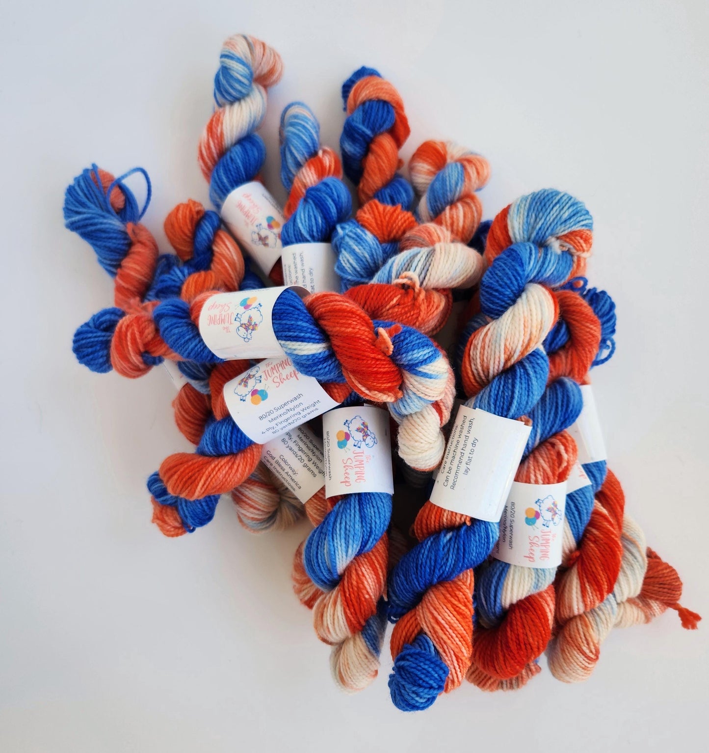 Hand Dyed Superwash Merino Mini Skein: Red, White & Blue Sock Yarn