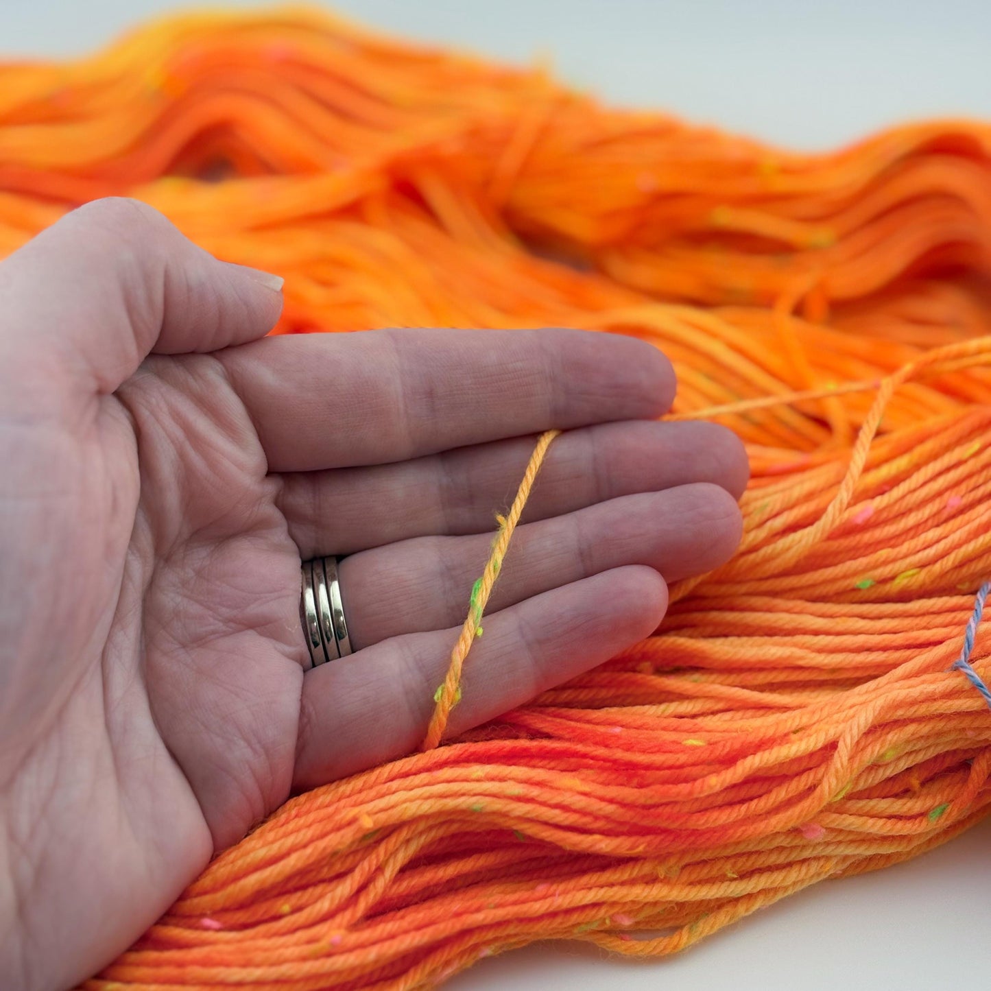 Hand Dyed Yarn, DK Weight, Superwash Merino and Neon Donegal Nep in Safety Orange
