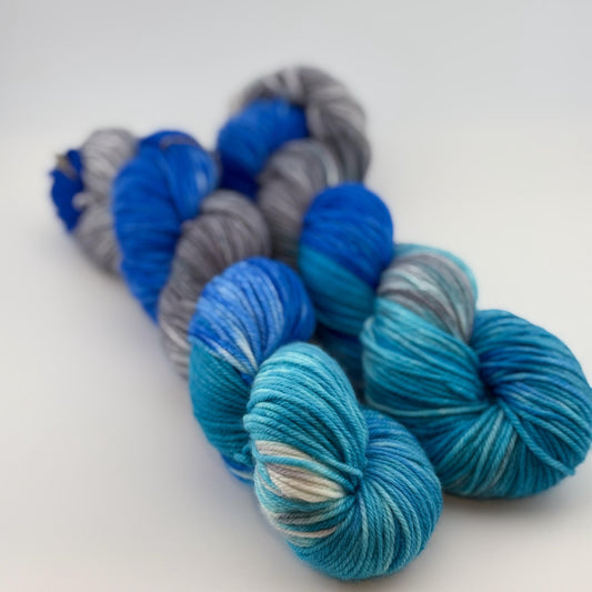Hand Dyed Yarn, DK Weight, Superwash Merino, Cashmere, and Nylon in Silver Bells