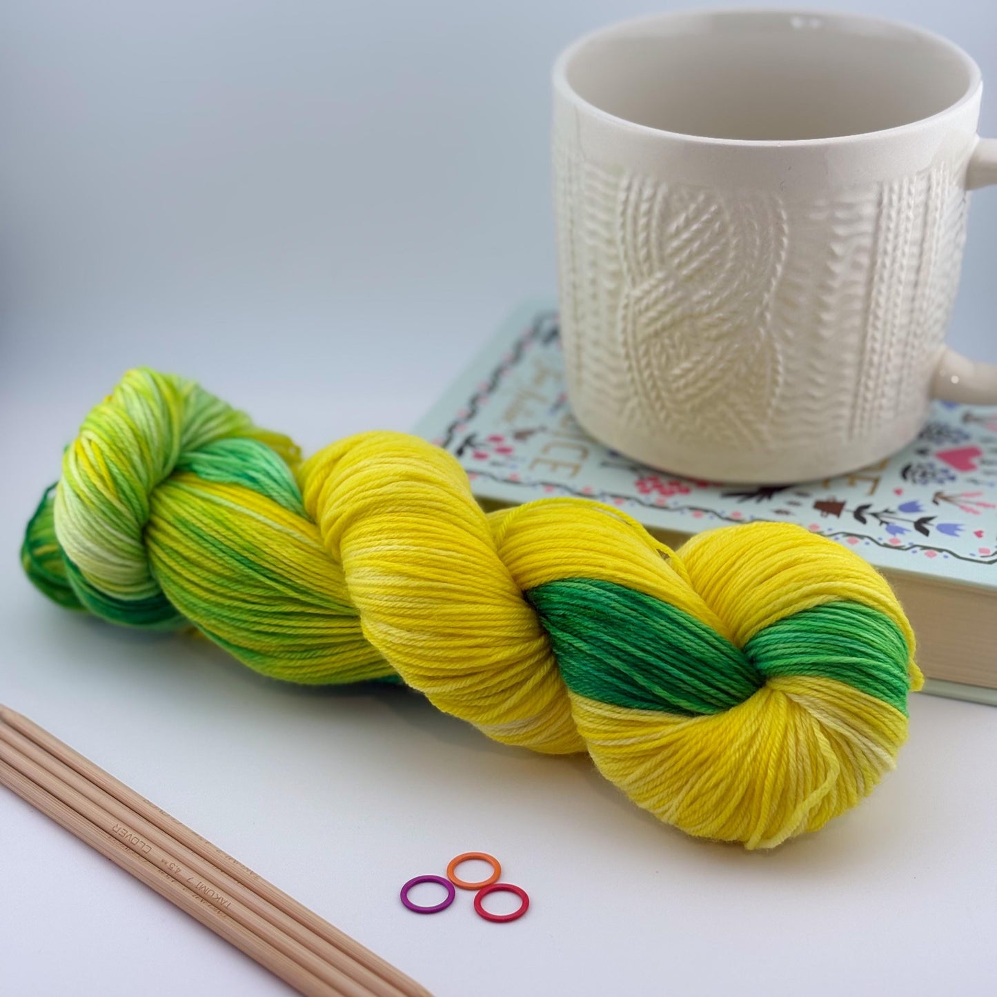 Hand Dyed Yarn, Fingering Weight, Superwash Merino, Cashmere, and Nylon in Lemon Lime