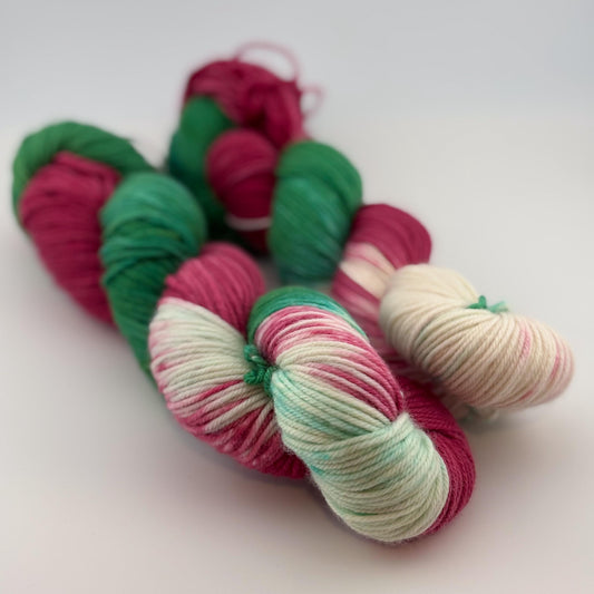 Hand Dyed Yarn, DK Weight, Superwash Merino, Cashmere, and Nylon in Old Fashioned Christmas